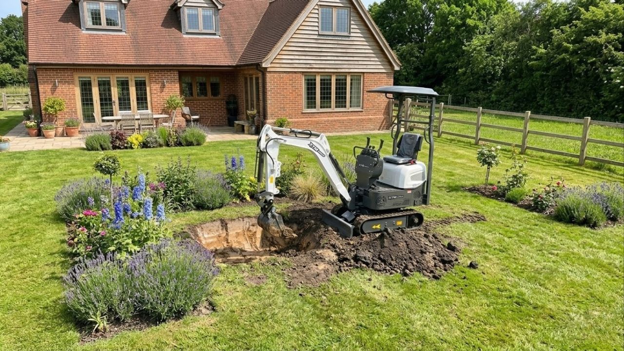 Minikoparka XTM wykonująca wykop pod oczko wodne w ogrodzie